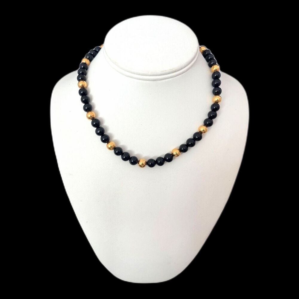 Vintage 1980s Napier Beaded Necklace Black Lucite Gold Tone - 9K